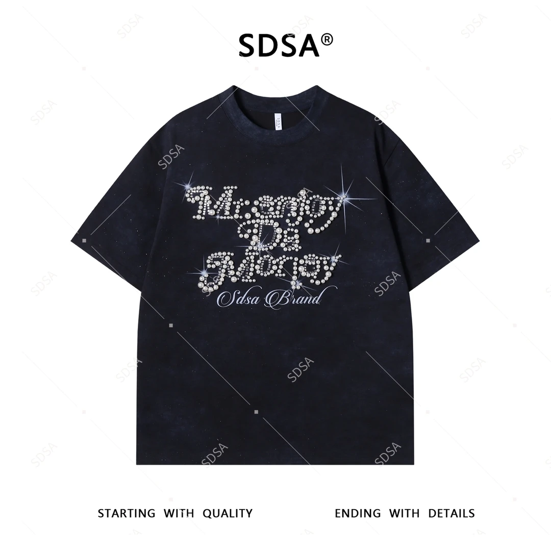 SDSA夏季新款男士痞帅潮牌珠子字母圆领短袖T恤显瘦重工百搭上衣