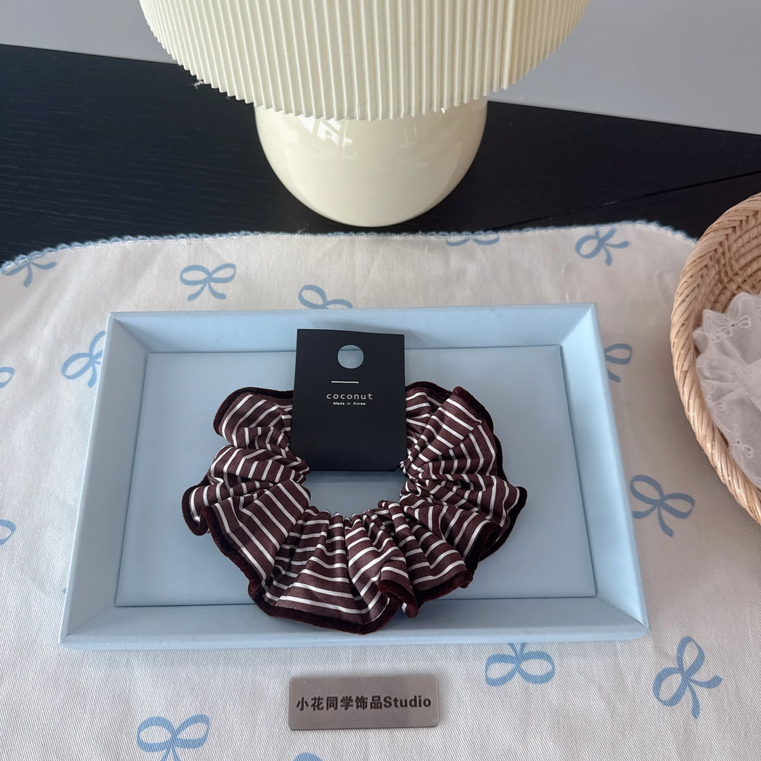 韩国原创进口面料发饰2025新款咖啡色棕色纯棉条纹丝绒发圈发绳