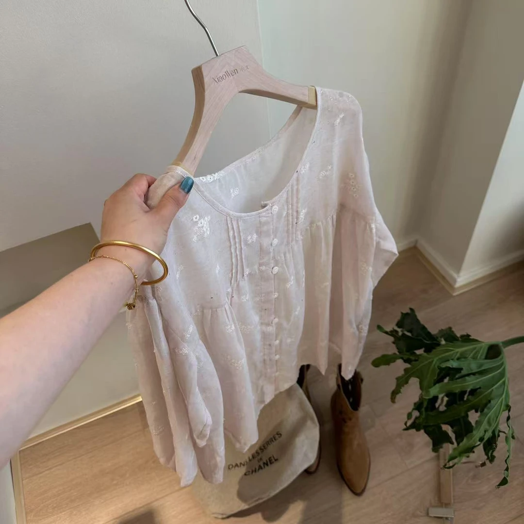 小文姐 W1949-重工刺绣百搭衬衫高级气质长袖上衣拼接花边衬衣