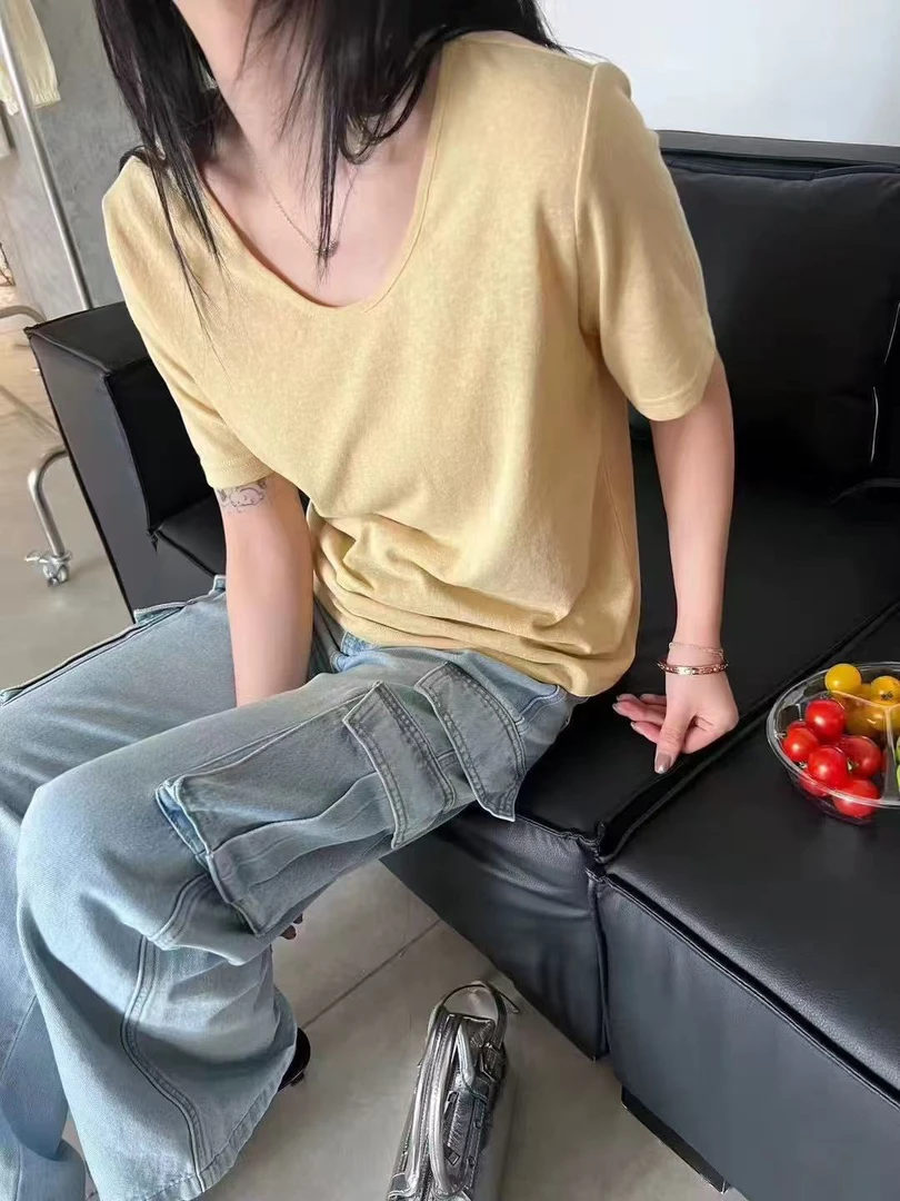 〔egg短袖〕欧洲站夏季新款欧货简约风u领正肩短袖