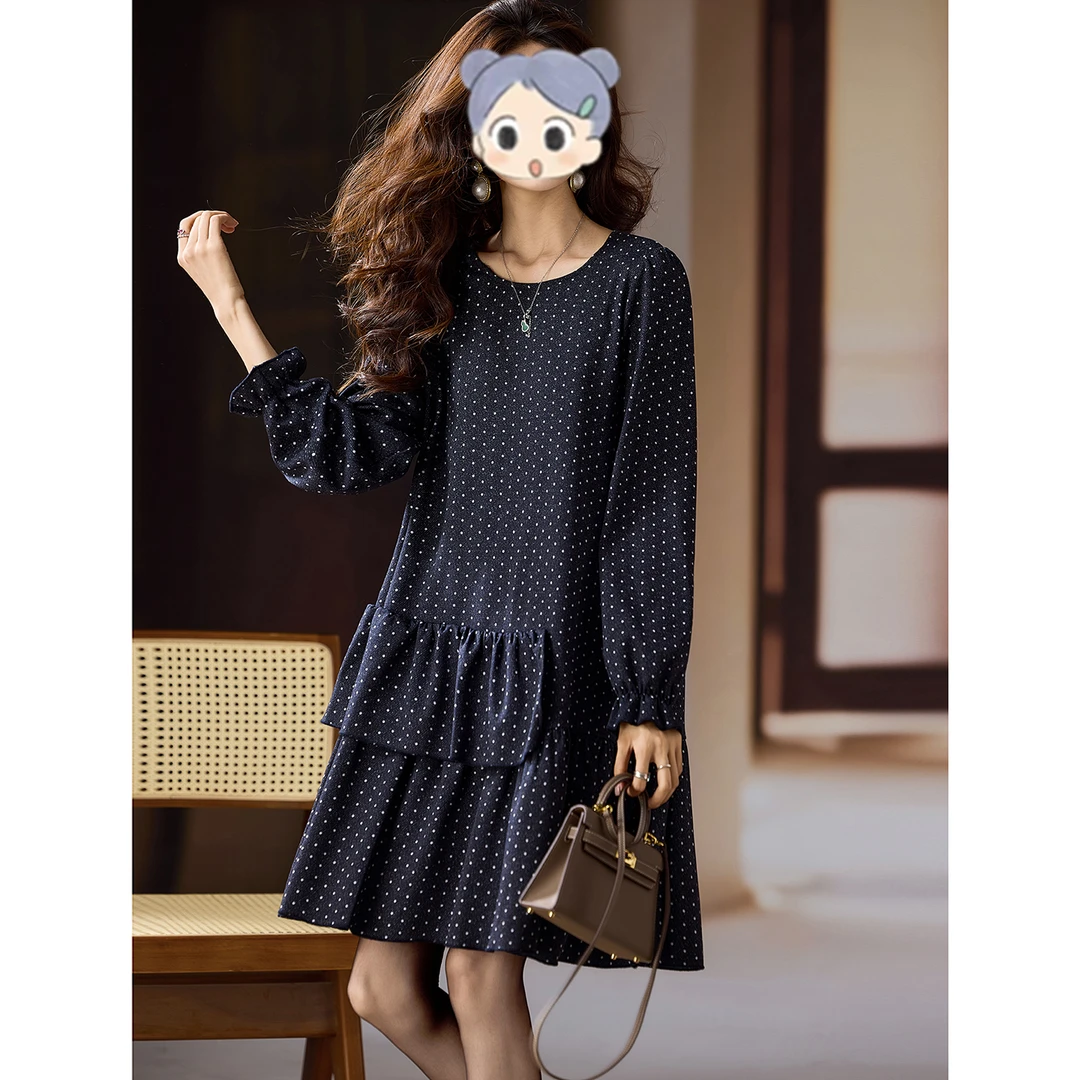 时尚波点长袖荷叶边连衣裙女秋季新款裙子2025年大码欧货女装小众