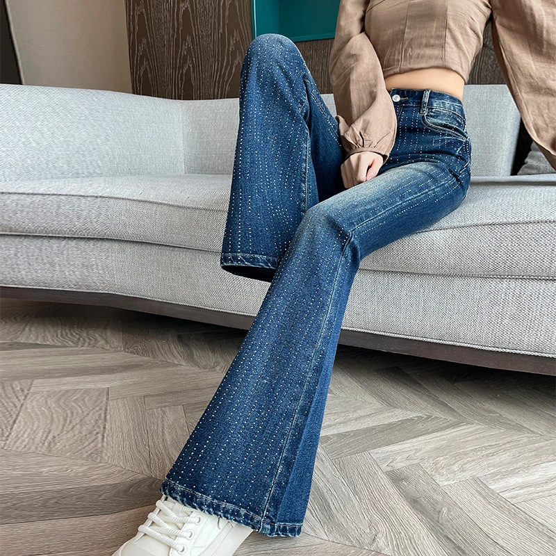 满天星烫钻微喇牛仔裤女长裤春秋季新款高腰显瘦弹力垂感拖地裤子