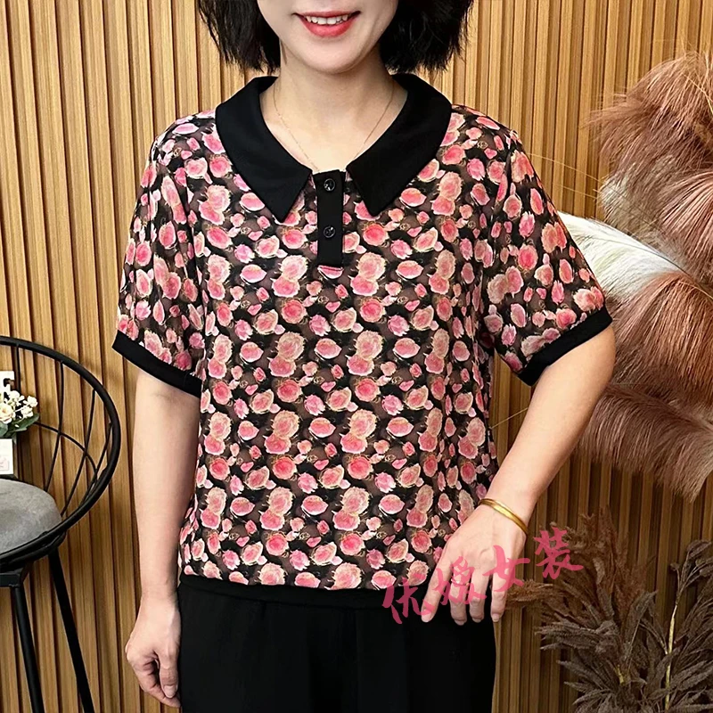 妈妈装夏季薄款小花娃娃领宽松显瘦透气中老年女装短袖上衣 A611