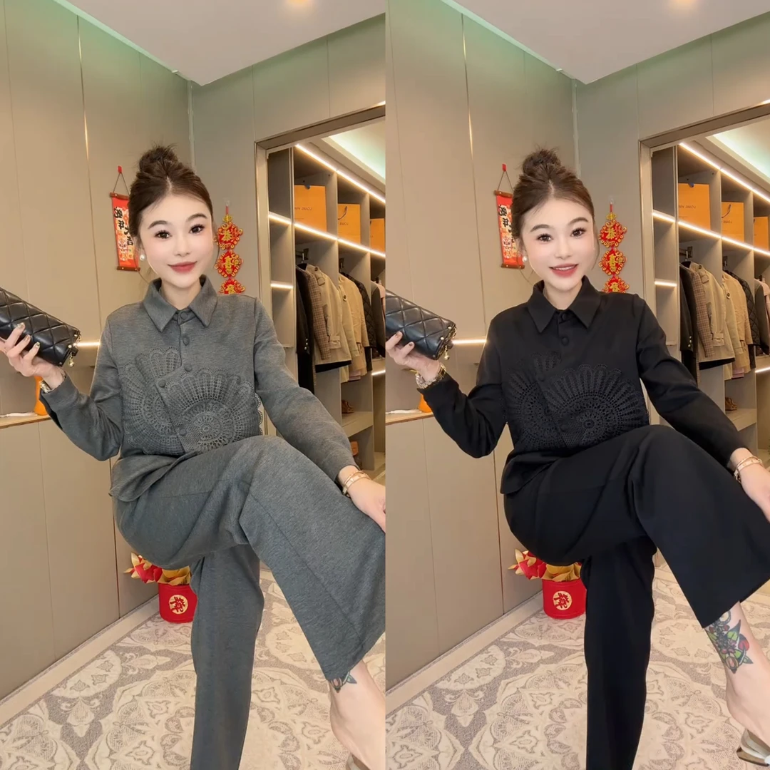 春季刺绣女款套装2025上衣裤子两件套时尚百搭休闲气质显瘦新款