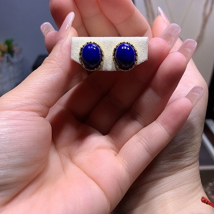 青金石银S925镶嵌耳饰