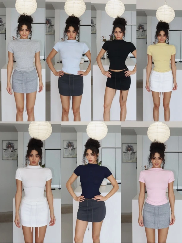 akiyostudio透气纯色半高领白色olT恤打底衫复古短款设计感