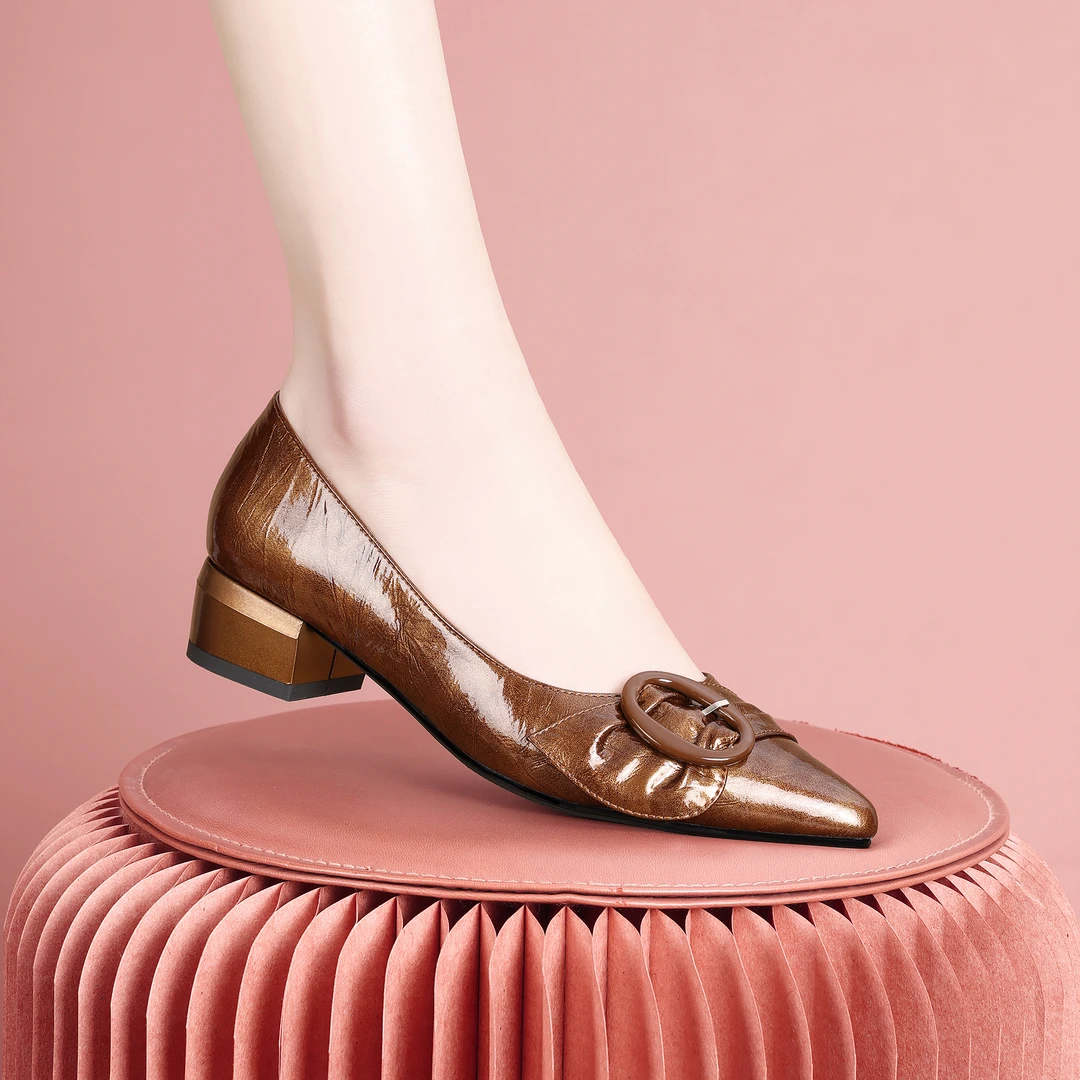 梵芮诗2025春季平替好物尖头复古风时尚手工粗跟低跟女单鞋-J1270