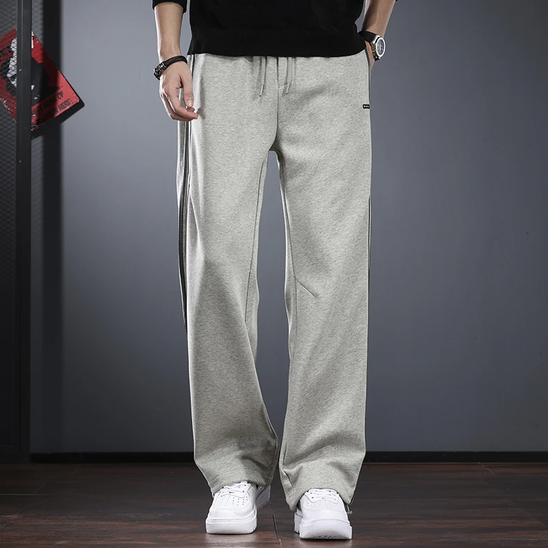 美式休闲裤男秋冬款宽松直筒阔腿裤复古风拼接运动裤侧边条纹卫裤