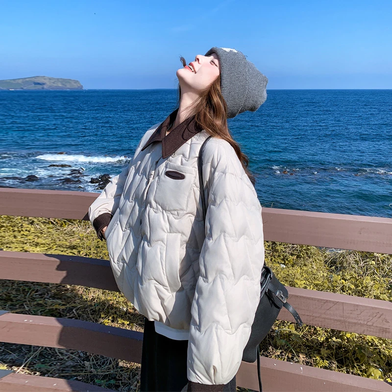 巴恩风撞色拼接羽绒服2025冬季新款小众韩版ins风轻薄保暖面包服