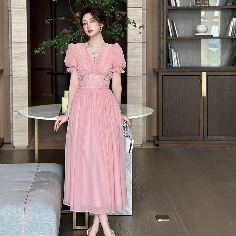 法式气质纯色温柔收腰连衣裙粉中长款大裙摆度假裙70786