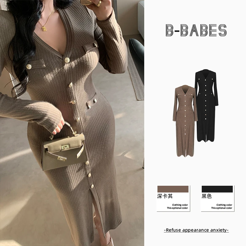 B-babes【世纪情书】轻熟风微胖收腰显瘦V领连衣裙高级感包臀裙