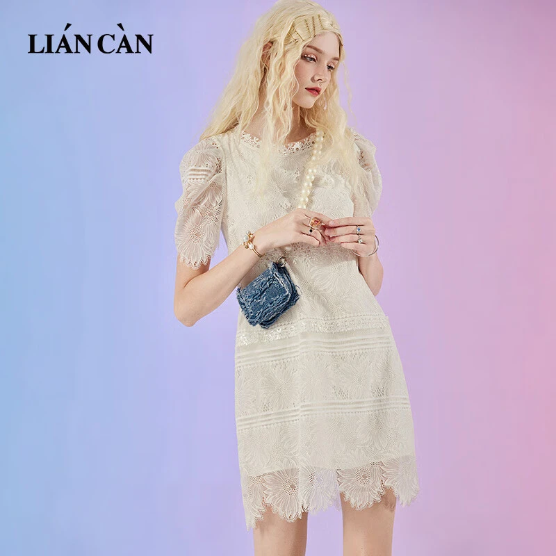 莲灿2025夏新商场同款波西米亚装饰网纱蕾丝短袖连衣裙7122220012