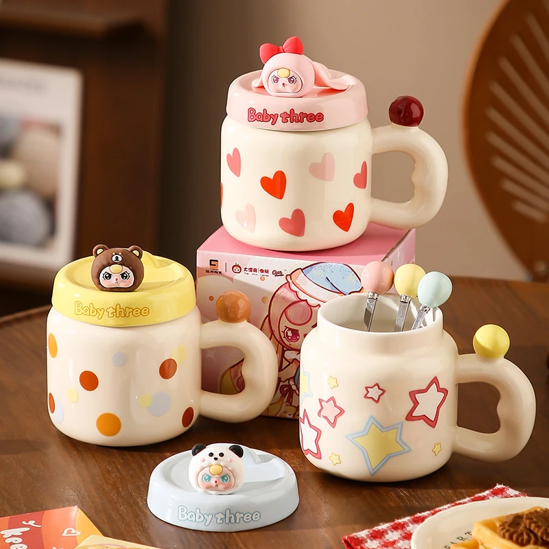 娃三岁手机支架马克杯女生大容量家用带盖勺咖啡水杯情侣陶瓷杯子