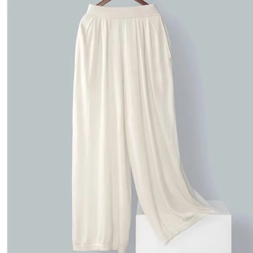 夏季丝绒女士阔腿宽松长裤清凉舒适百搭薄款垂感阔腿裤白色外穿