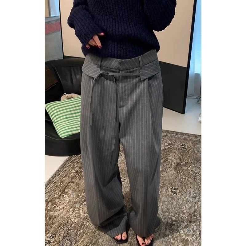 韩系复古bf慵懒风高腰直筒长裤女2025新款灰色竖条纹西装阔腿裤子