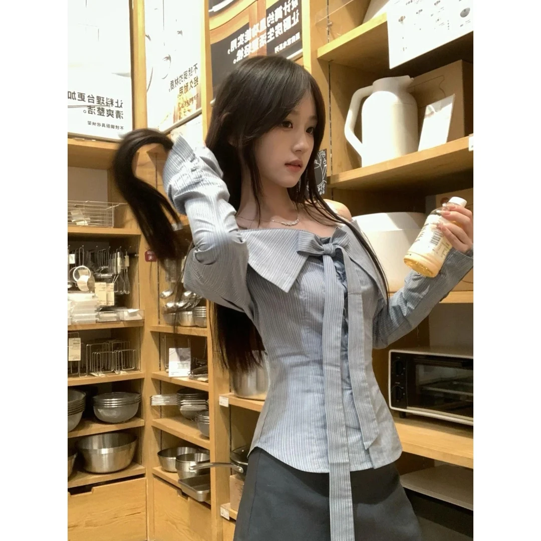 【现货】法式蝴蝶结一字肩长袖衬衫女高级纯欲辣妹修身收腰显瘦上