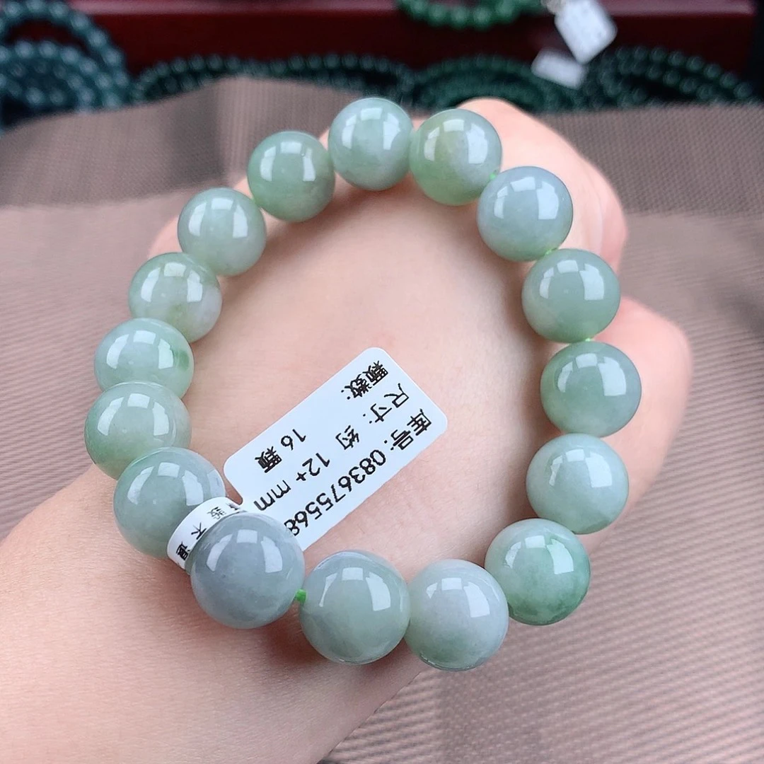 天然缅甸A货翡翠  12+m冰飘绿手串晴水底绿色单圈冰透幽灵精美款