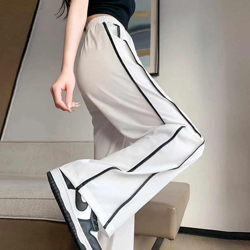 冰丝速干条纹运动裤女夏季薄款小个子高腰直筒宽松垂感拖地阔腿裤