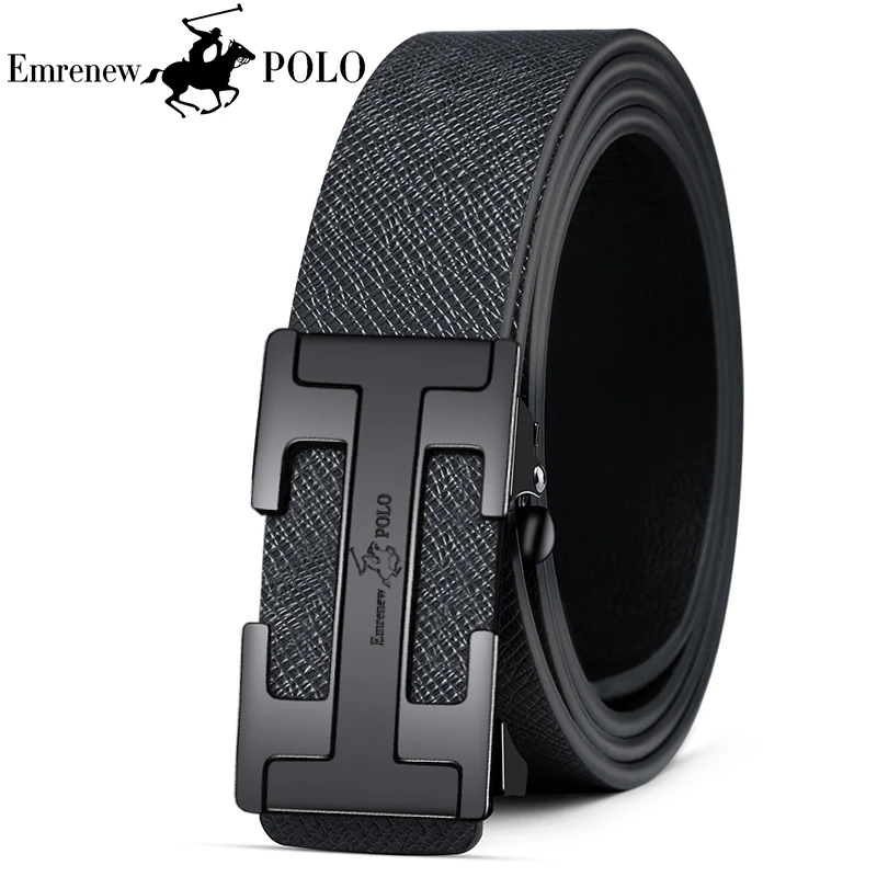 安普里保罗压花纹腰带男真皮高级商务男士平滑扣牛皮带自动扣调节