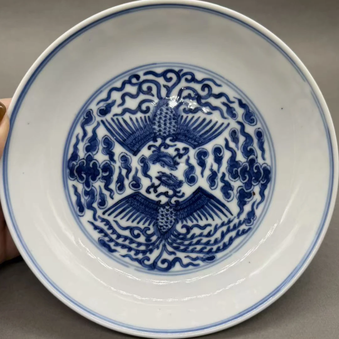 青花瓷对头凤纹盘子