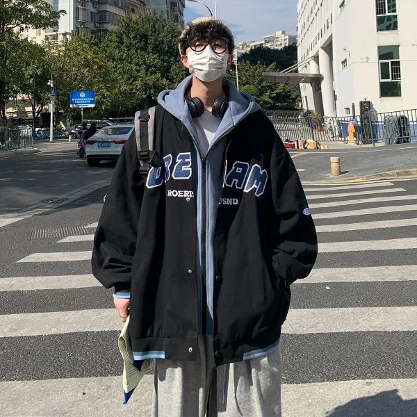 8831春秋季日系潮流港风假两件棒球服外套男女连帽夹克上衣潮