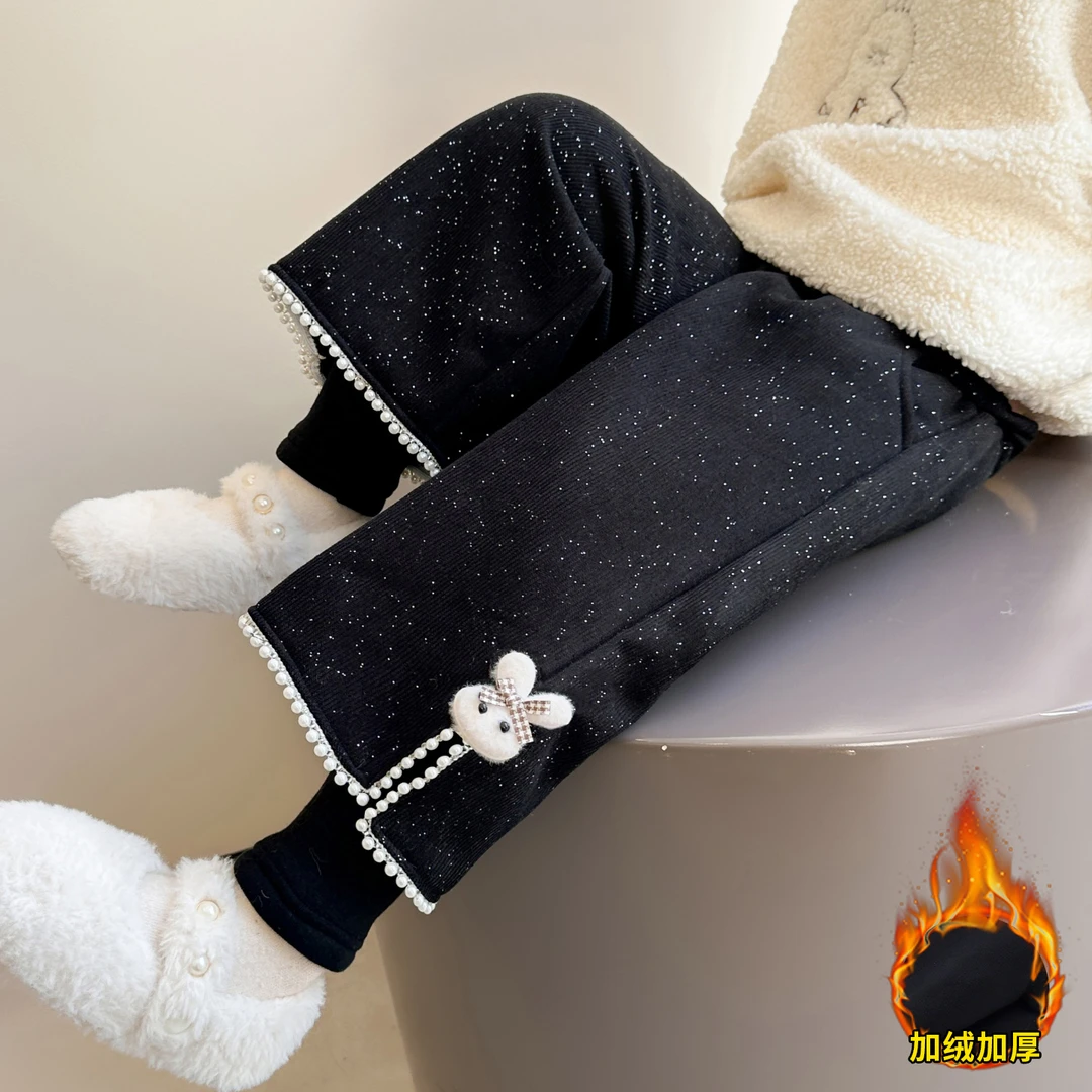 女童加绒裤子秋冬季2025新款儿童冬装直筒裤女宝宝加绒加厚阔腿裤