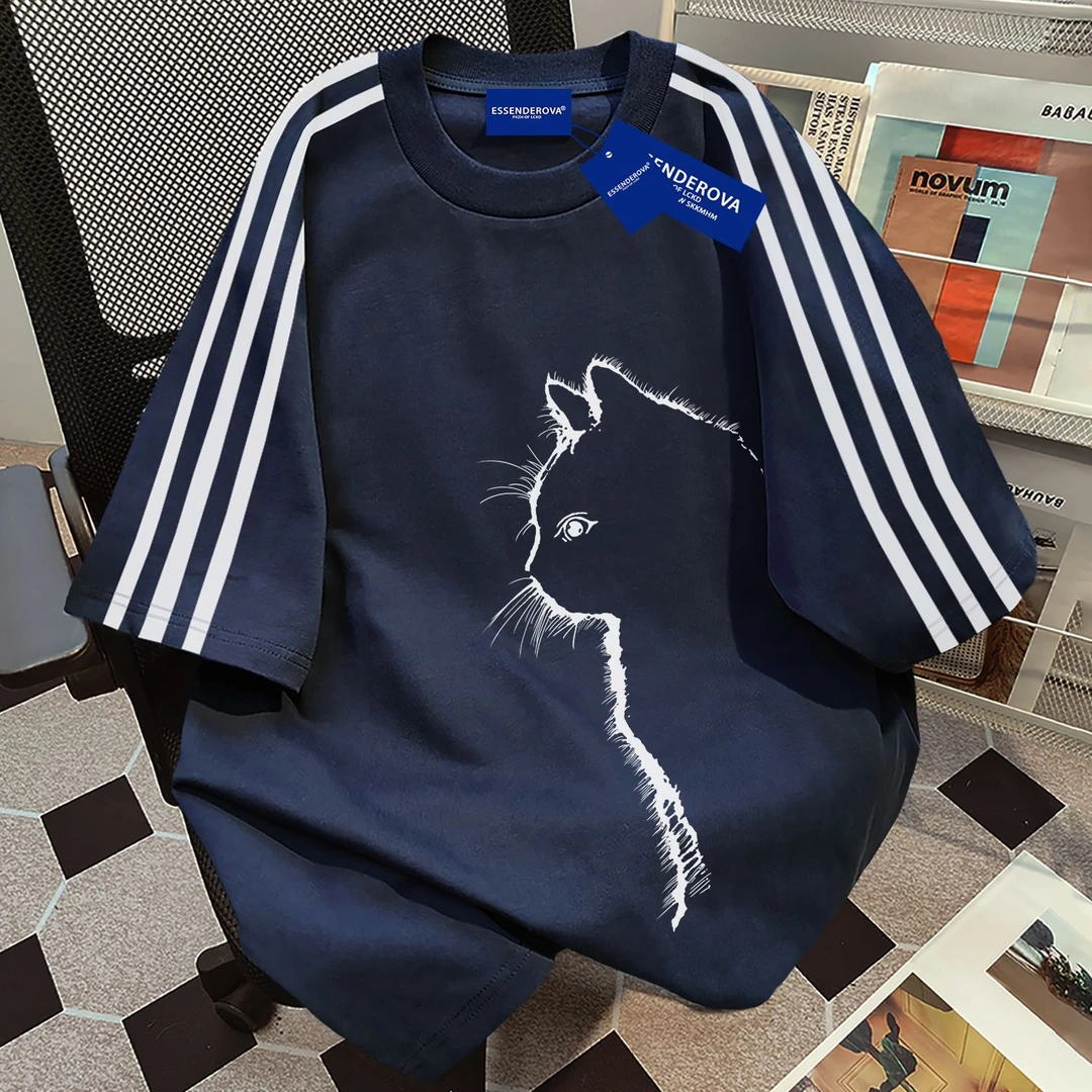 100%纯棉2025新款美式复古圆领三条杠短袖t恤男女夏季宽松上衣ins