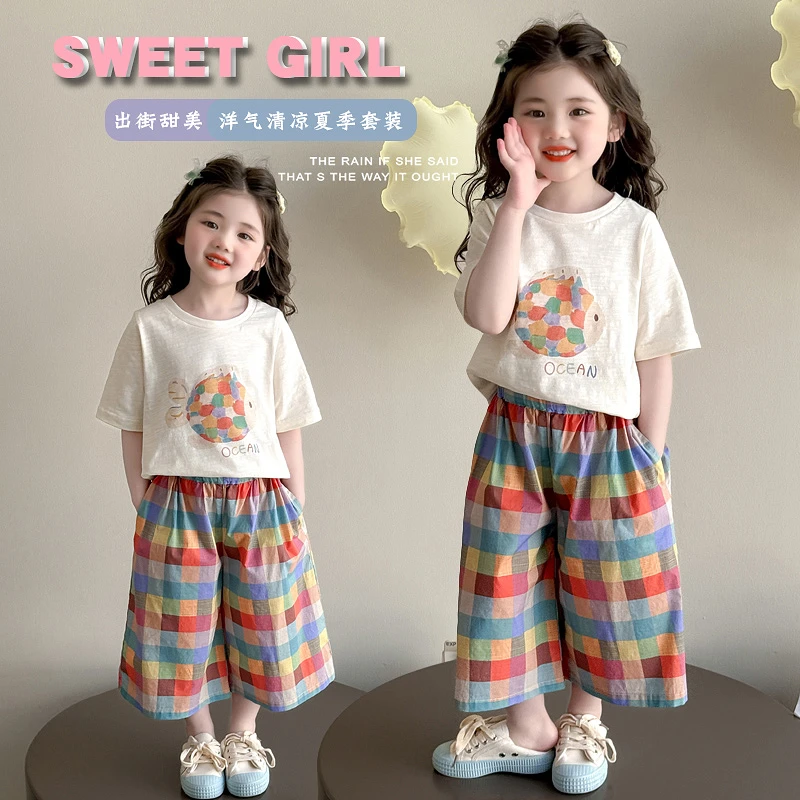 女童夏季套装宝宝短袖T恤格子裤洋气时髦小女孩夏天衣服两件套潮