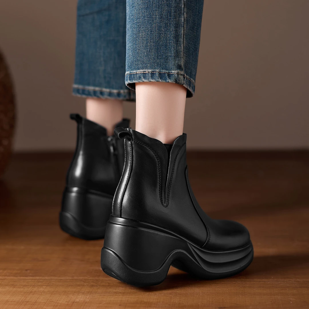 10cm小众设计厚底坡跟马丁靴防水台高跟短靴真皮切尔西靴短筒单靴