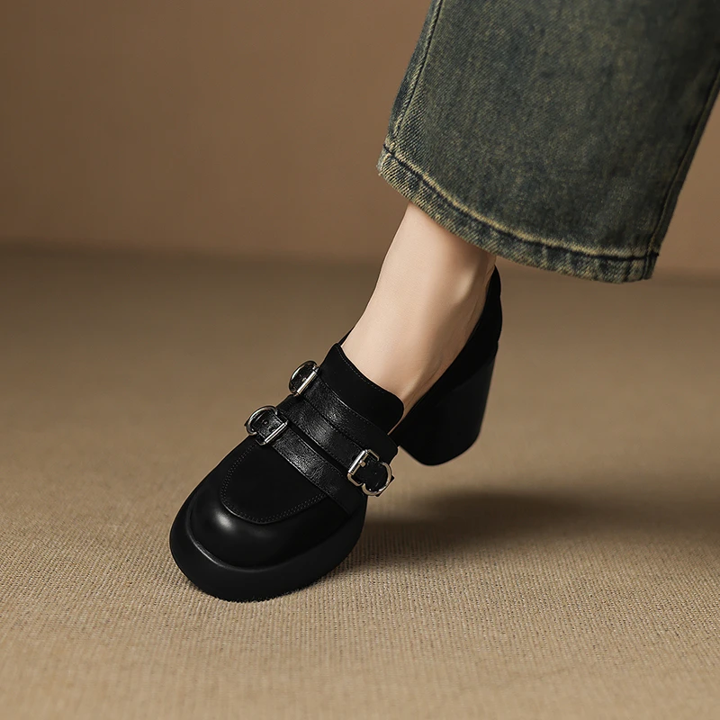 7.5cm粗跟高跟鞋女英伦风皮带扣圆头一脚蹬乐福鞋小个子厚底单鞋