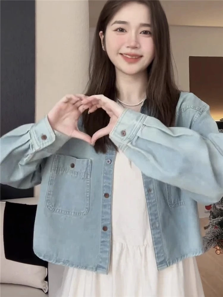 高级感港风复古牛仔衬衫女长袖秋装新款设计感小众短款上衣薄外套