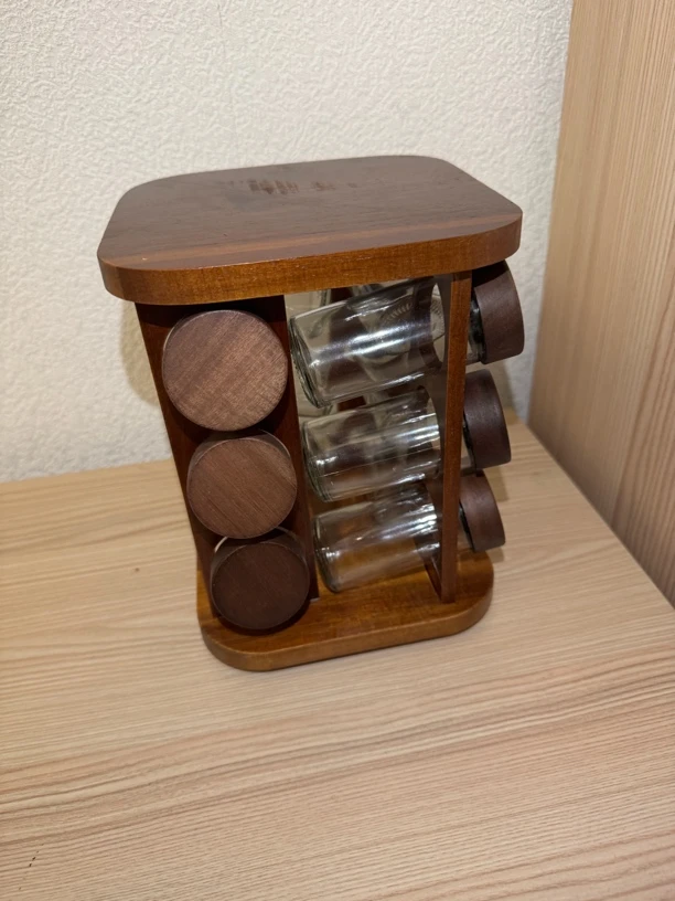 新款可旋转底座玻璃调味瓶套装相思木方形带旋转架调料罐家用木制