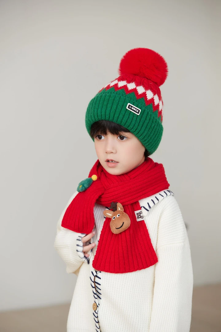 儿童冬季针织毛线保暖帽子围巾套装男宝女宝小孩洋气圣诞套头帽厚