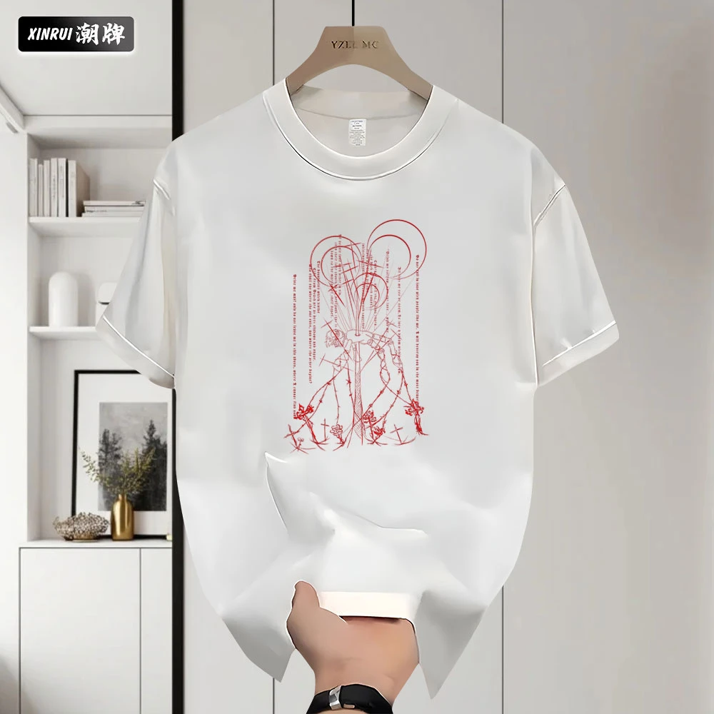 夏季潮牌美式oversize高街印花短袖T恤男款痞帅重磅圆领纯棉上衣