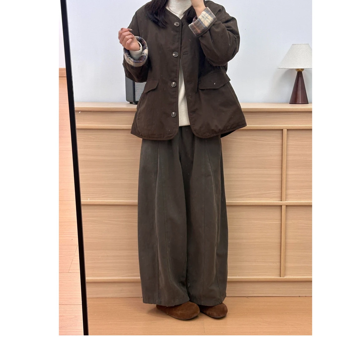 秋冬新款加绒日系深灰色九分阔腿裤大妈女装微胖mm慵懒休闲气球裤