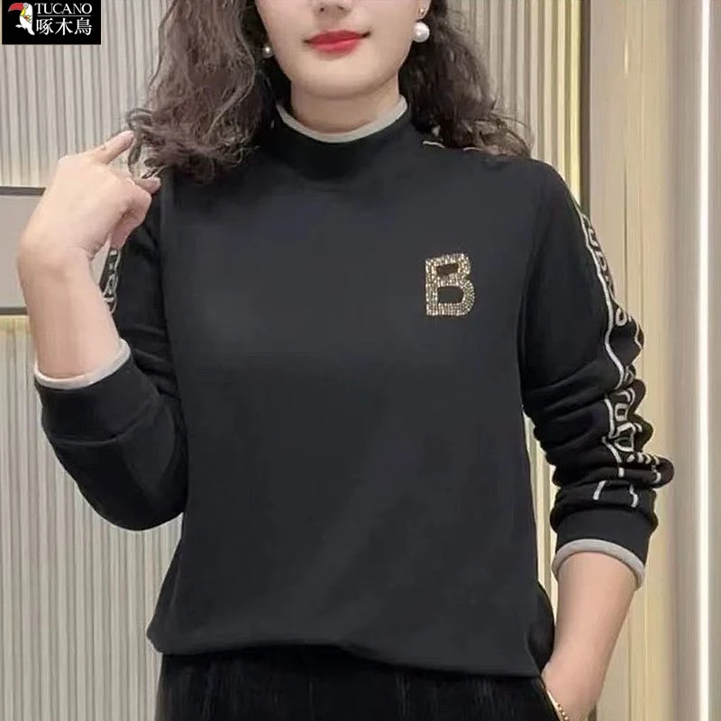 啄木鸟正品2025长袖半高领纯色烫钻字母T恤女秋冬季加厚保暖上衣