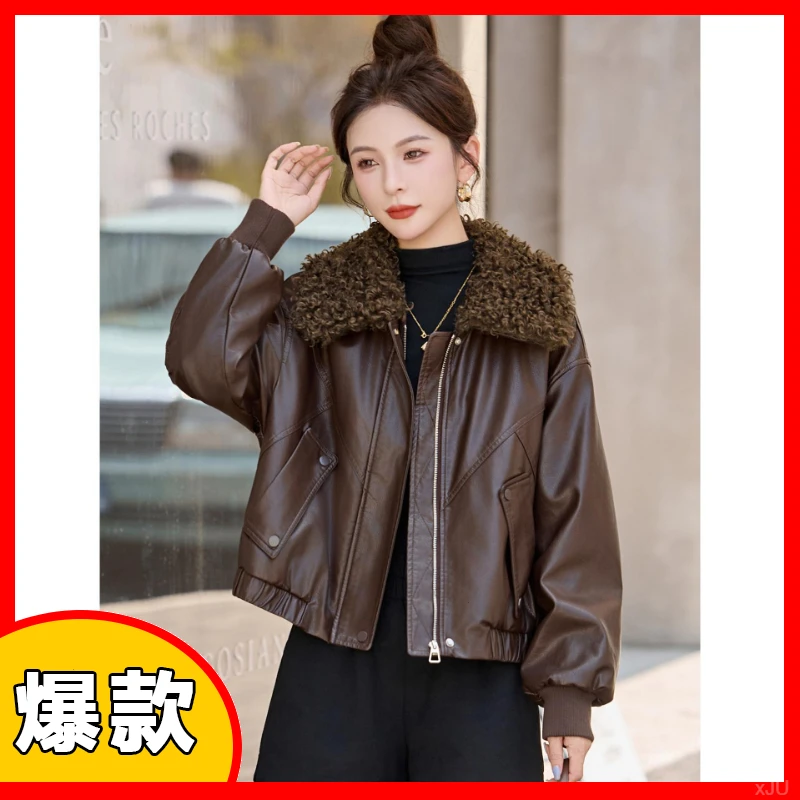 【海宁皮衣】复古秋冬加绒加厚皮衣女宽松休闲百搭防风保暖夹克外套