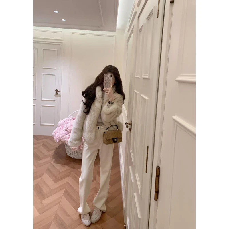 慵懒风时尚百搭软糯毛毛保暖外套秋冬新款宽松休闲阔腿长裤两件套