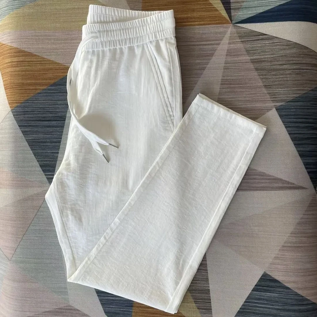 秋季冰丝男士直筒小脚裤纯色新款透气棉麻常规空调男裤休闲裤春秋