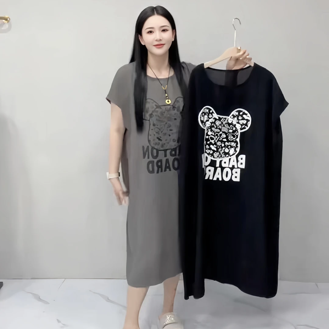 夏季女款薄款宽松韩版长款米奇印花连衣裙