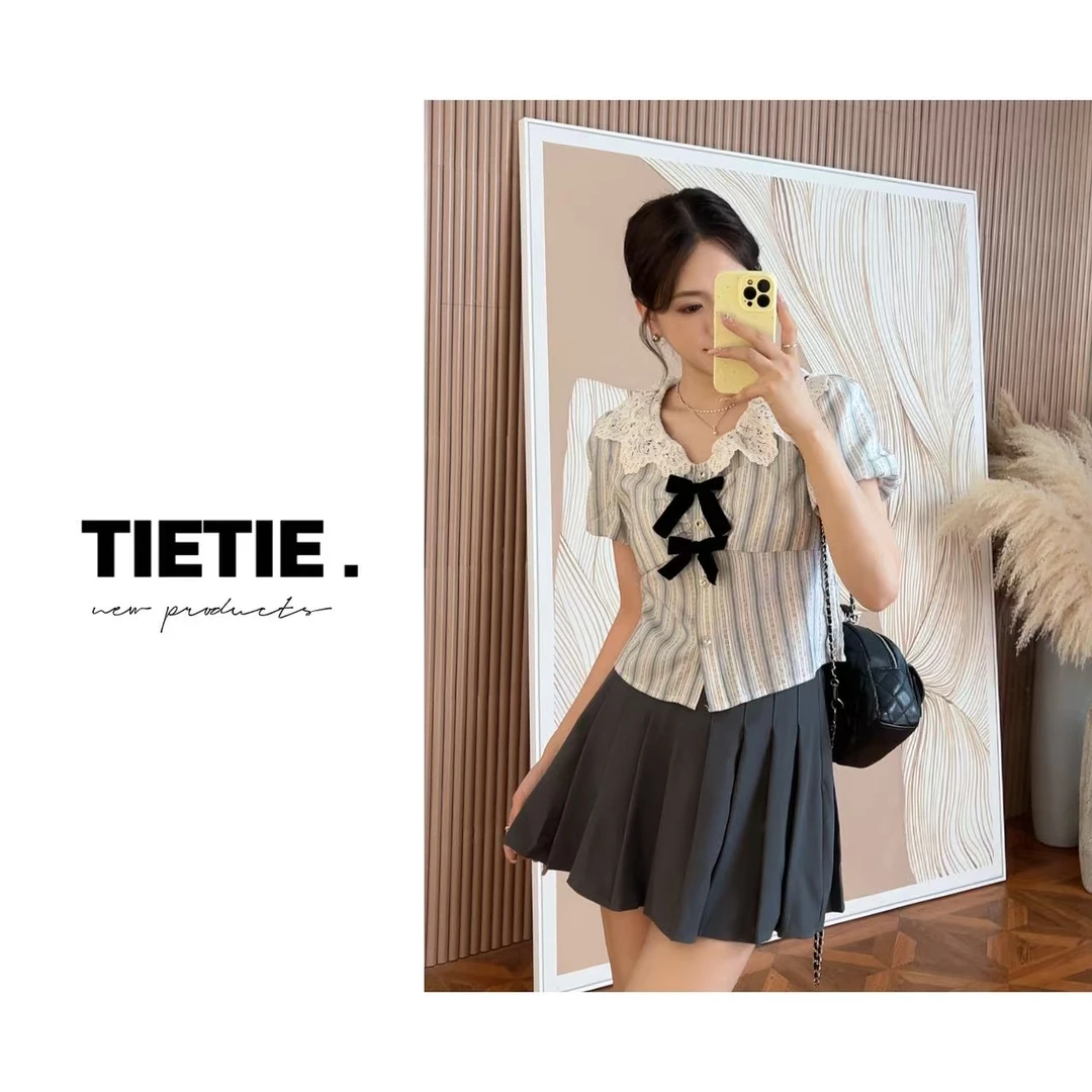 C321甜酷蝴蝶结条纹蕾丝衬衫女夏季新款设计感修身短款半袖上衣
