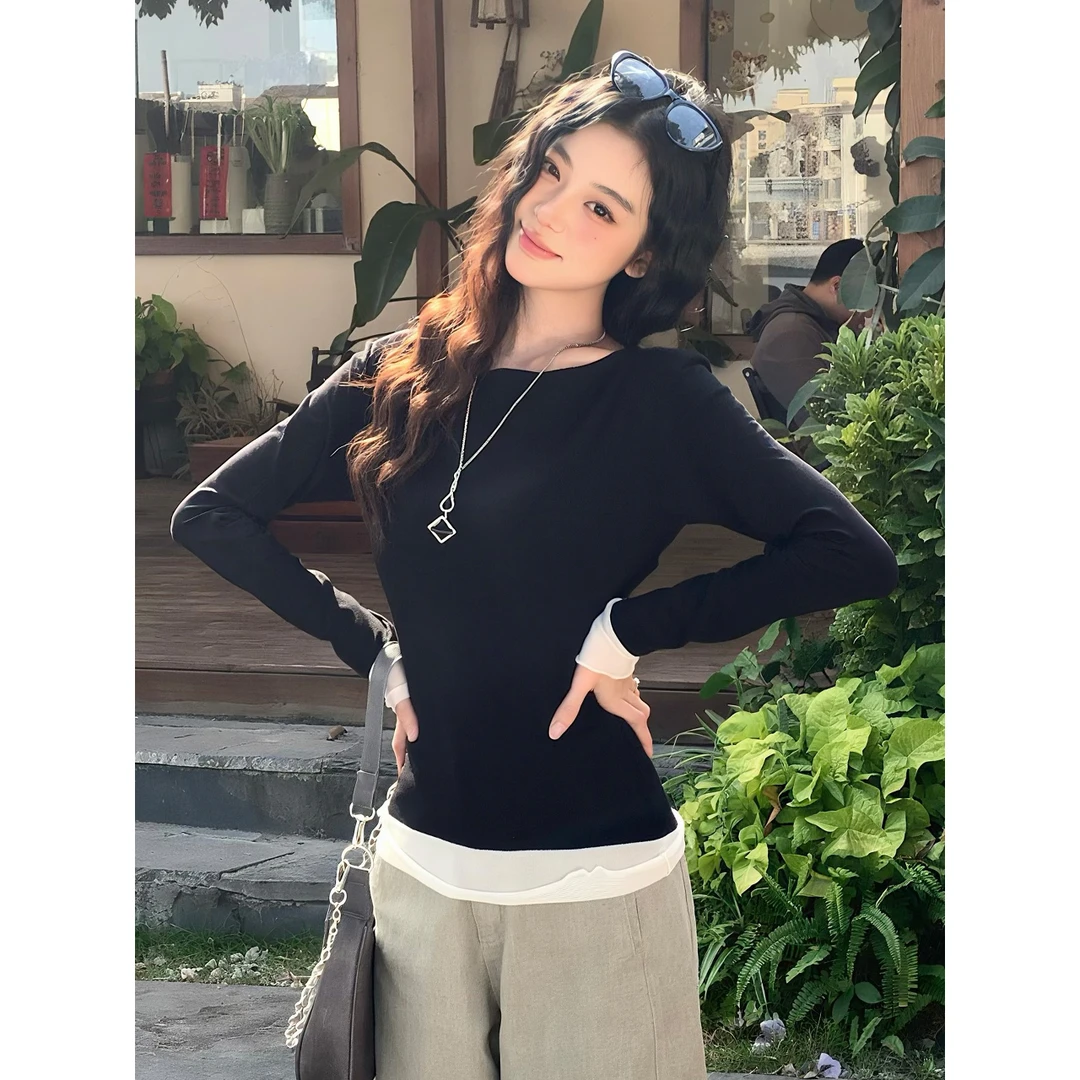 尔给早春假两件拼接两穿打底衫女长袖显瘦修身小众百搭辣妹上衣