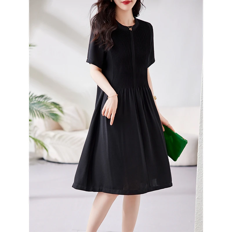 黑色雪纺连衣裙女夏新款宽松大码胖mm气质显瘦百褶直筒裙B5451
