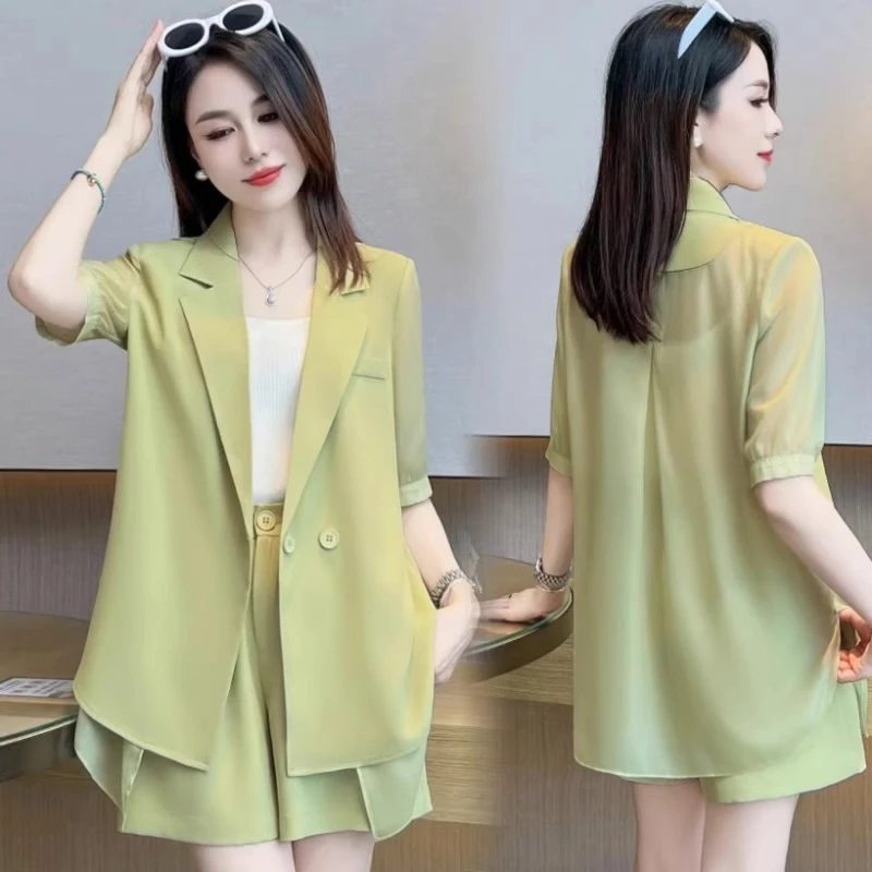 拉夏贝尔高级感薄款时尚西服套装女短袖西装夏季新款短裤两件套