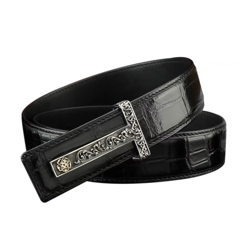 黑色鳄鱼皮T字扣腰带带条百搭男士简约时尚轻奢商务休闲牛仔高档