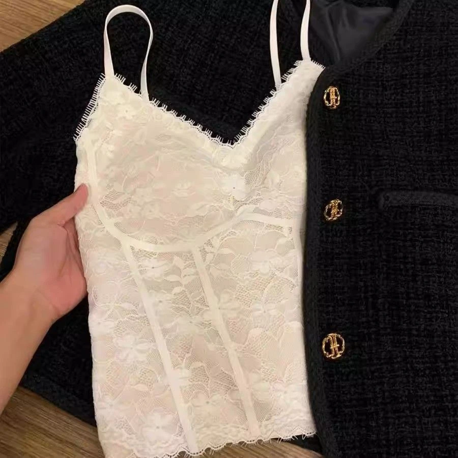 性感蕾丝背心带胸垫一体式内衣塑身美背吊带胸衣女士