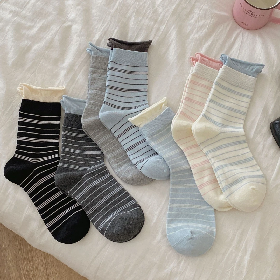 条纹袜子女士夏薄款白色堆堆中筒韩系ins风春秋冬堆堆卷边长筒袜