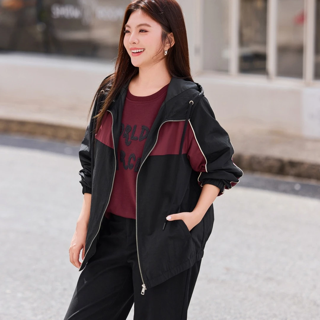 【现货-运动风撞色连帽外套】MsShe大码女装显瘦宽松上衣A2509005