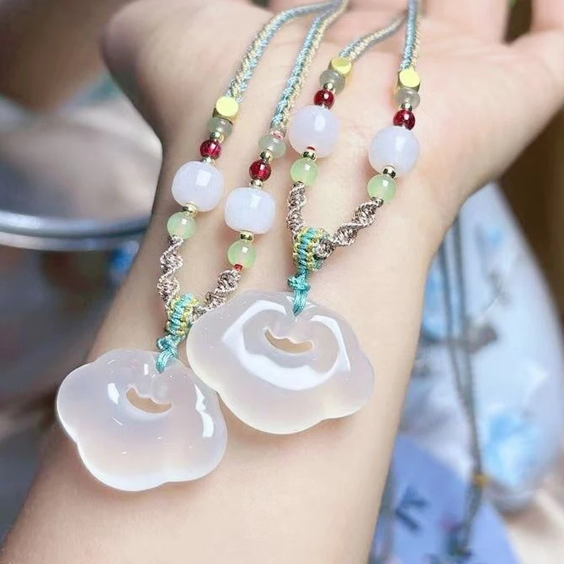 高冰玉髓玛瑙祥云锁平安福吊坠简约情侣款经典中国风