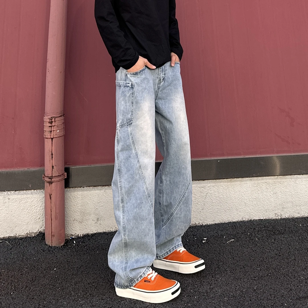 QUALCOMM2025秋季新款美式弯刀牛仔裤男潮流宽松阔腿直筒长裤